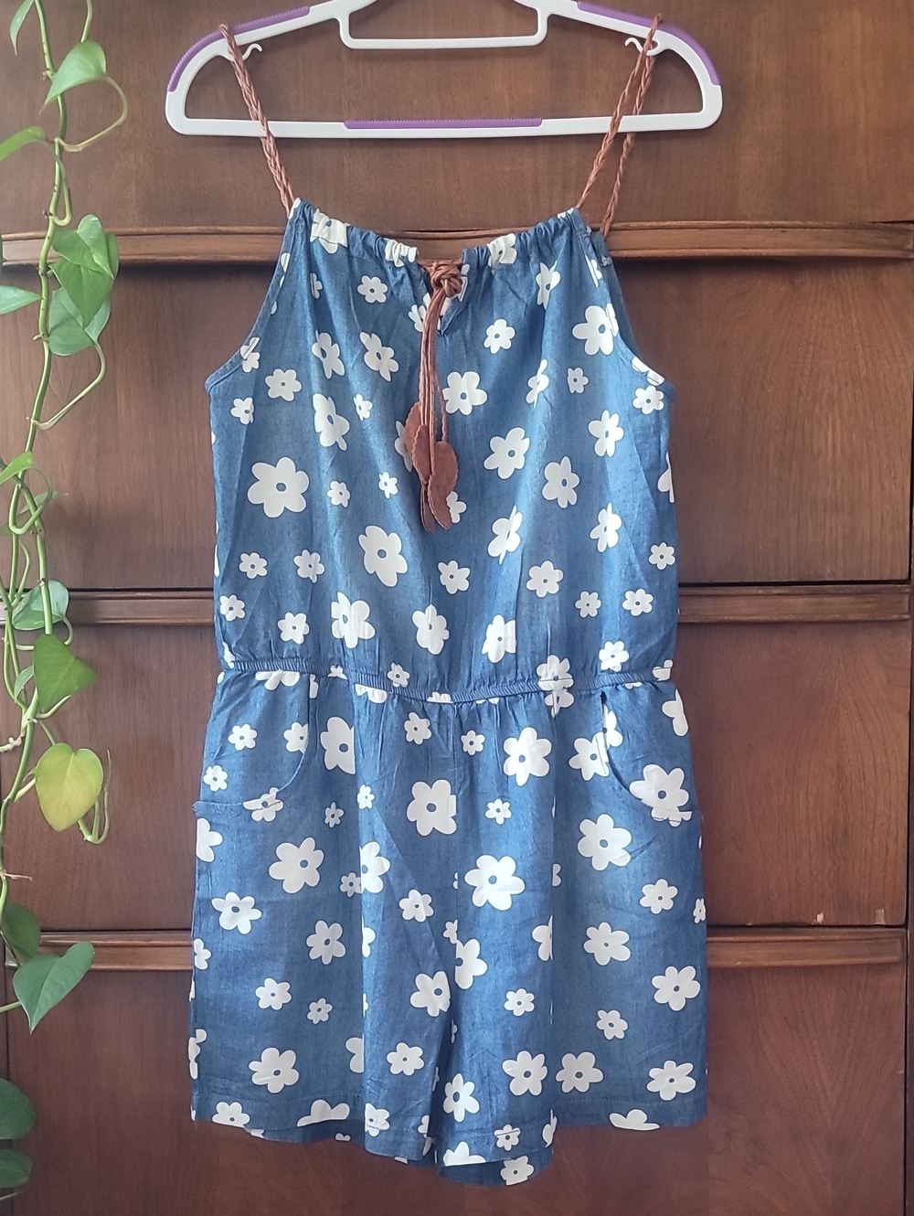 Womens Summer Floral One Piece Denim Romper with Pockets